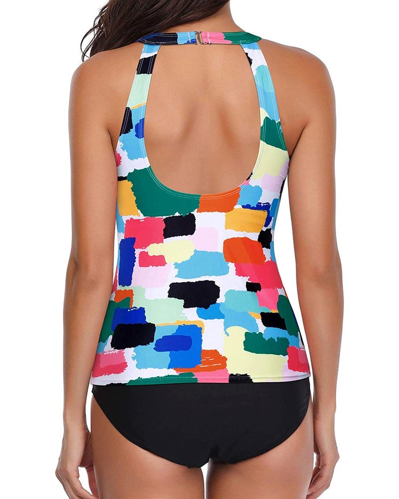 Holipick Women Color Block Tankini Swimsuits High Neck Swim Tank Tops Tummy Control Two Piece Bathing Suits Halter Swimwear XXL - Image 2
